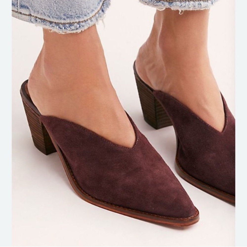 New Free People Anya Women's Burgundy Suede Block Heel Mules Shoes 36
